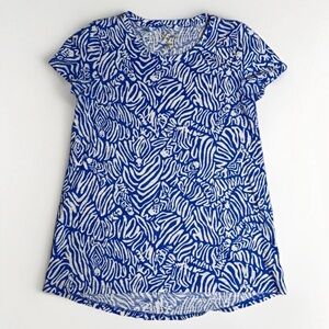 Lilly Pulitzer Shirt Womens XXS Blue White Tropical Print Short Sleeve Top Round